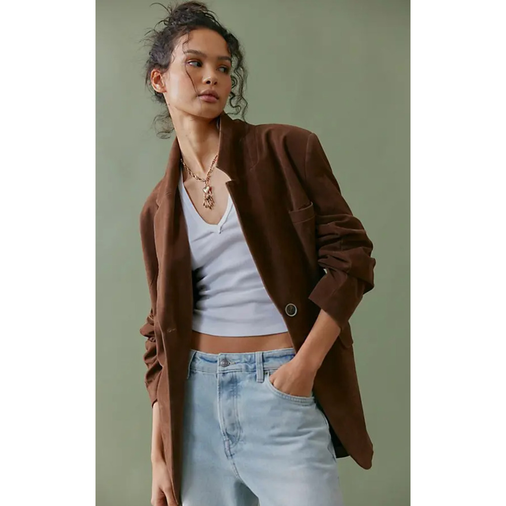 Free People We The Free Brown Bear Paper Cut Vegan Faux Suede Blazer Jacket Sz M